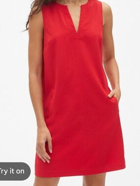Gap sleeveless split-neck shift dress in pure red.